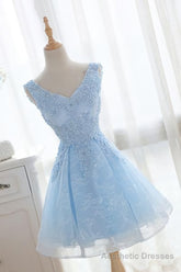 Light Blue Cute V Neckline Lace Short Party Dress, Lace Formal Dress, Lace Party Dresses, B0622